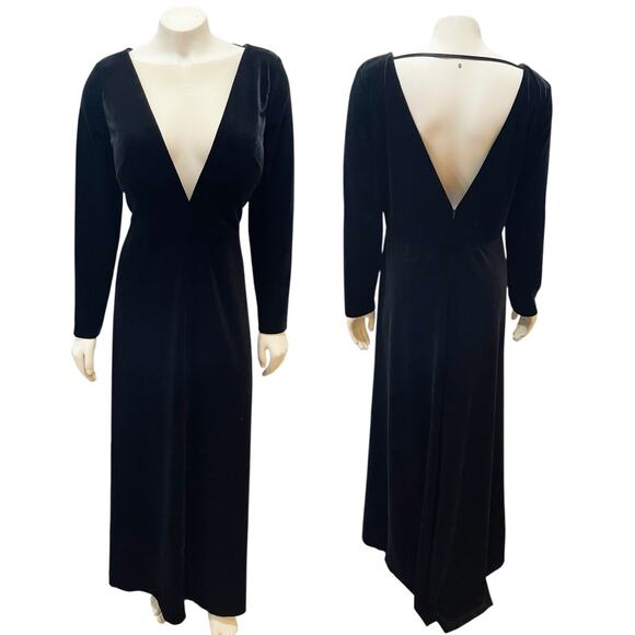 Jenny Yoo Malia BHLDN Black Velvet Long Sleeve Sheer Front Open Back Sz 16 - Picture 1 of 9